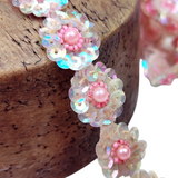 Vintage Vault - Hand beaded Sequin & Trim circa 1940s/50s - Floral Light Pink 1m