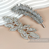 Large Diamante Metal Motifs Set of 2 - Feather & Leaf Bow