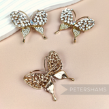 3 Gold Metal Butterfly Brooch Pins covered in Set Diamante