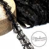 25mm Frilly Black Lace Trim with Satin Centre - 1m