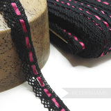 18mm Black Cotton Lace Threaded with Wine Satin Ribbon - 1m