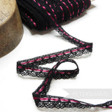 18mm Black Cotton Lace Threaded with Wine Satin Ribbon - 1m